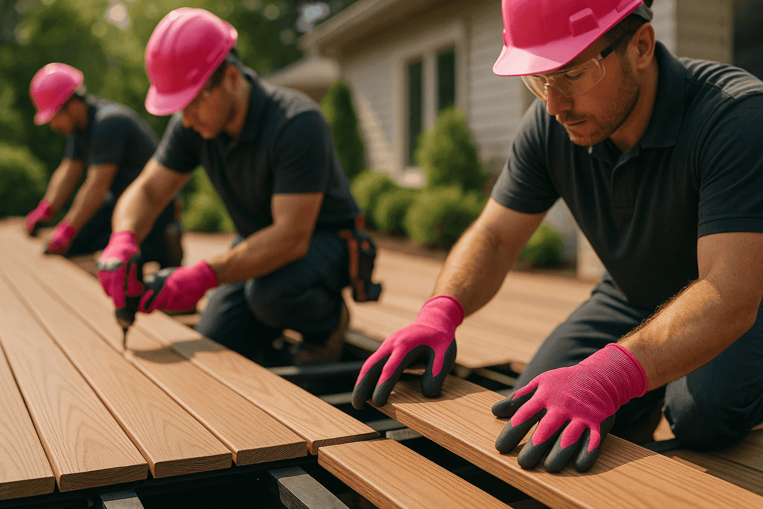 Professional decking installation site with OSHA-compliant workers handling wood boards outdoors