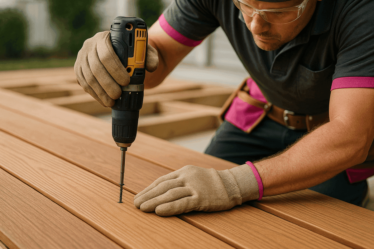 Close-up of gloved hands installing wooden decking boards with a cordless drill